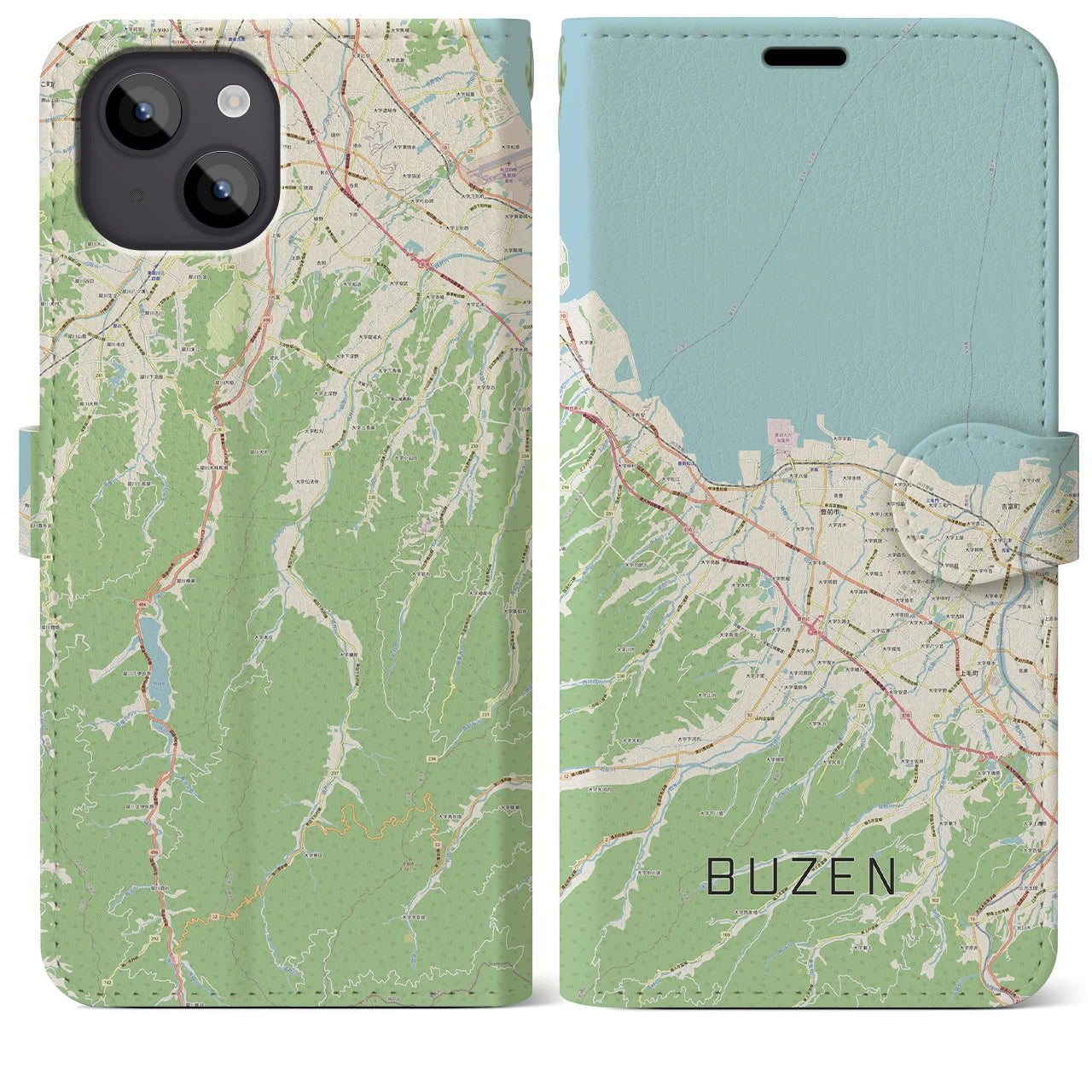 【豊前(福岡県)】地図柄iPhoneケース(手帳タイプ)ナチュラル・iPhone 14 Plus 用