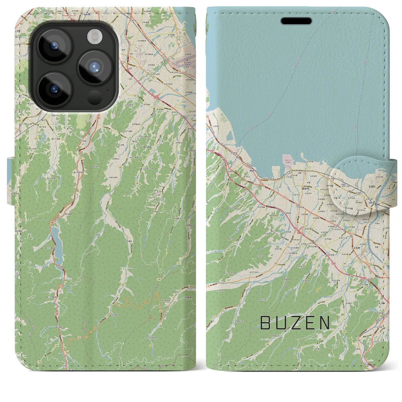 【豊前(福岡県)】地図柄iPhoneケース(手帳タイプ)ナチュラル・iPhone 15 Pro Max 用