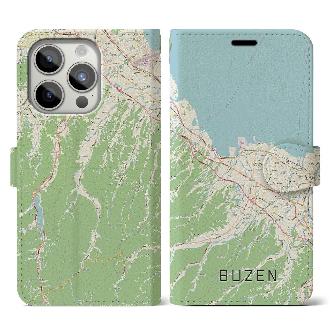 【豊前(福岡県)】地図柄iPhoneケース(手帳タイプ)ナチュラル・iPhone 15 Pro 用