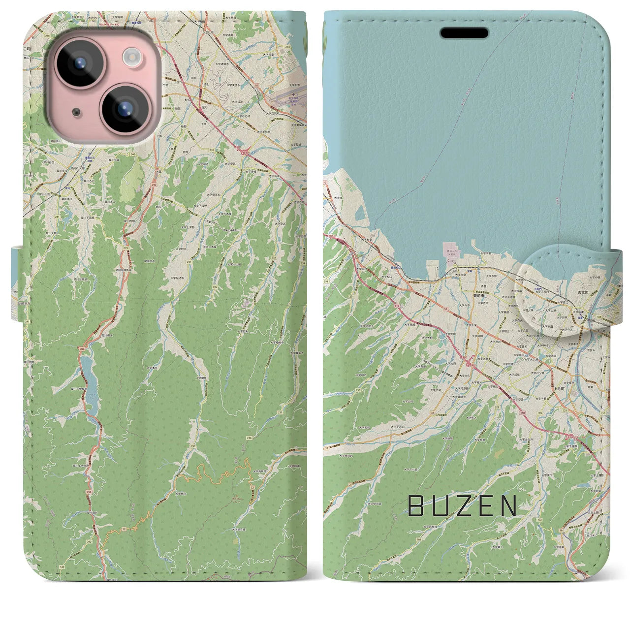 【豊前(福岡県)】地図柄iPhoneケース(手帳タイプ)ナチュラル・iPhone 15 Plus 用
