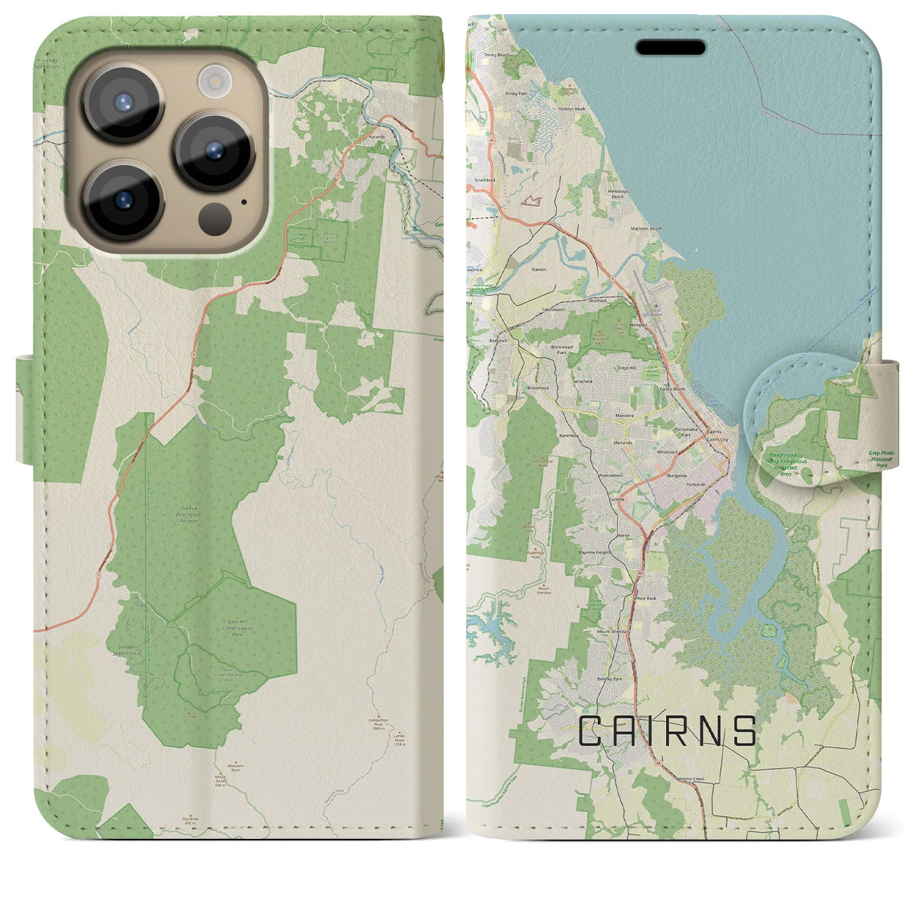 【ケアンズ(オーストラリア)】地図柄iPhoneケース(手帳タイプ)ナチュラル・iPhone 14 Pro Max 用