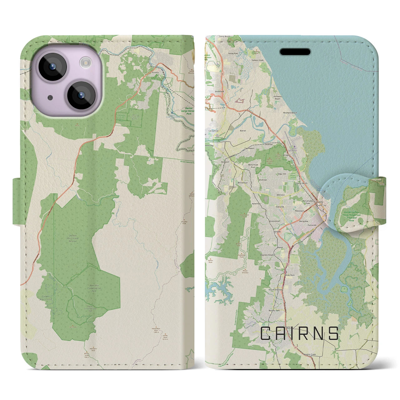 【ケアンズ(オーストラリア)】地図柄iPhoneケース(手帳タイプ)ナチュラル・iPhone 14 用