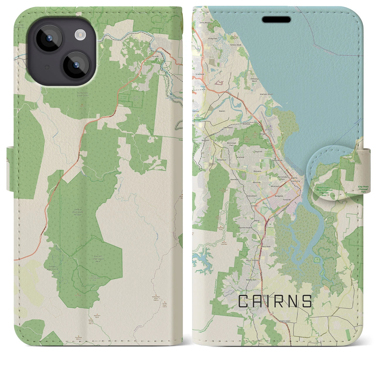 【ケアンズ(オーストラリア)】地図柄iPhoneケース(手帳タイプ)ナチュラル・iPhone 14 Plus 用
