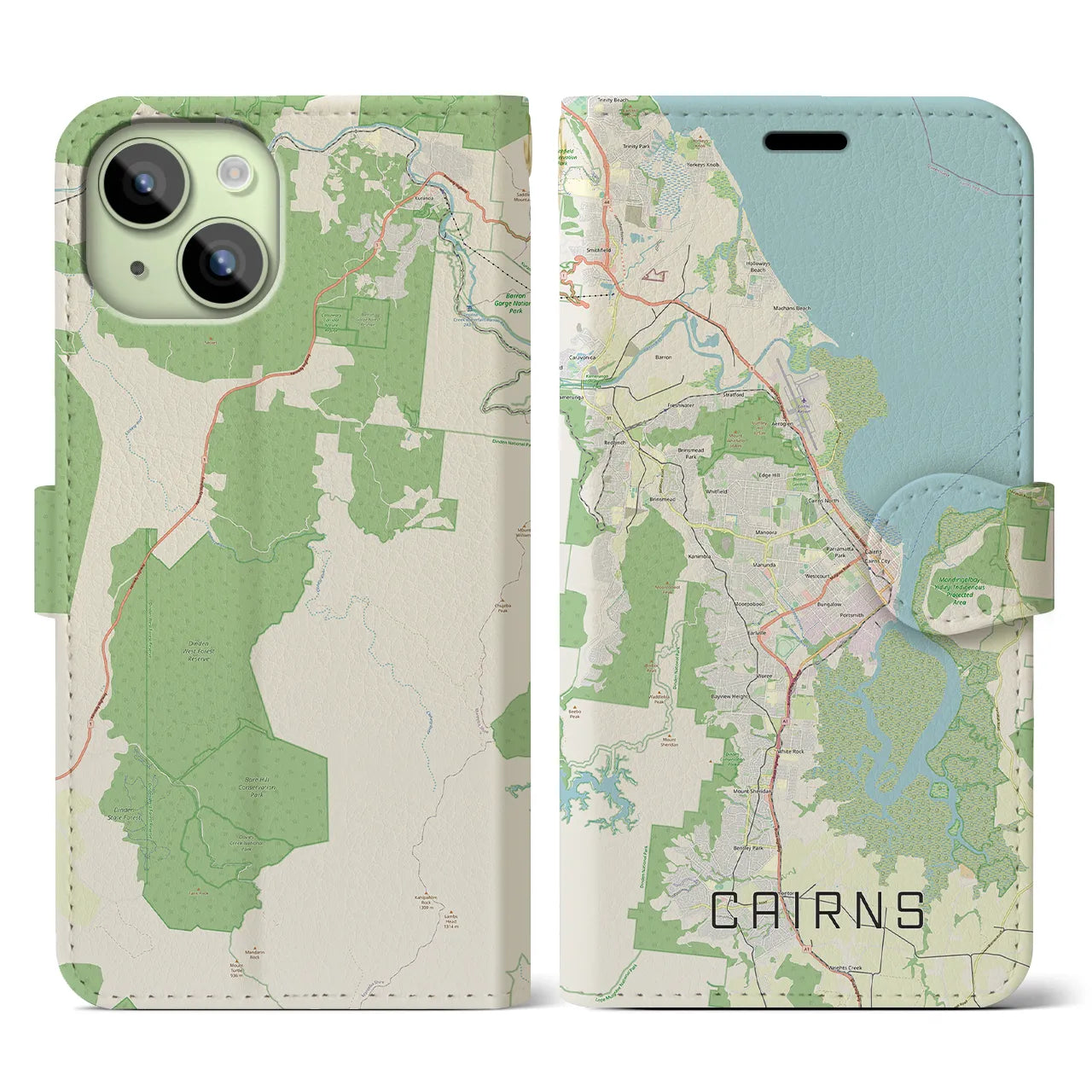 【ケアンズ(オーストラリア)】地図柄iPhoneケース(手帳タイプ)ナチュラル・iPhone 15 用
