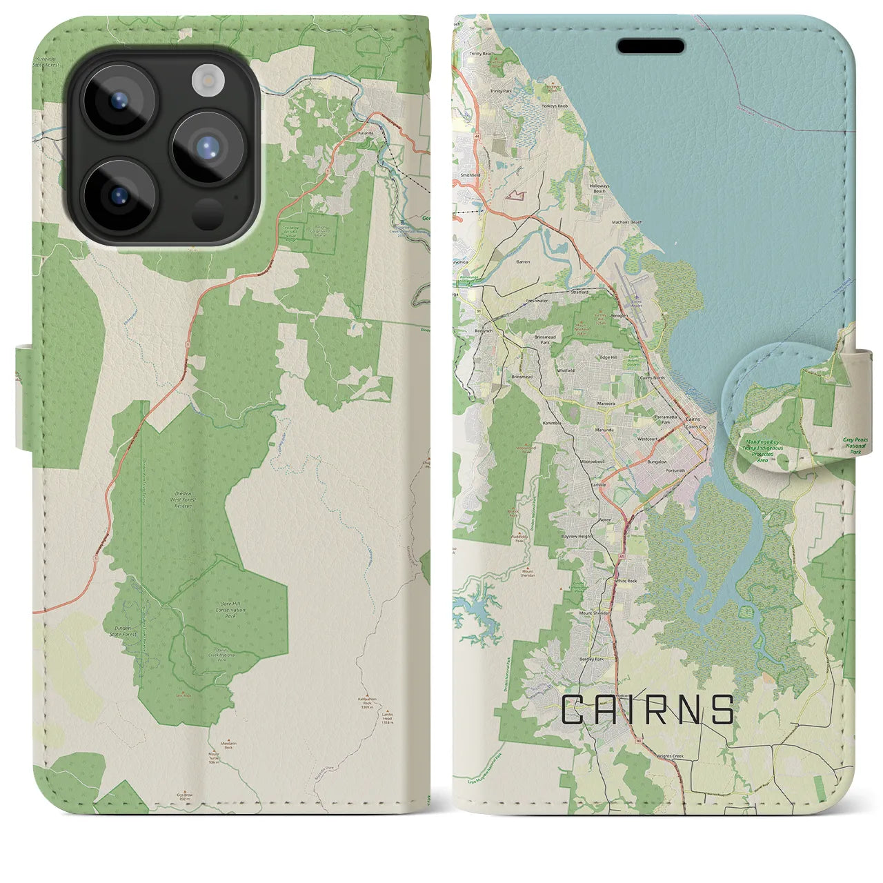 【ケアンズ(オーストラリア)】地図柄iPhoneケース(手帳タイプ)ナチュラル・iPhone 15 Pro Max 用