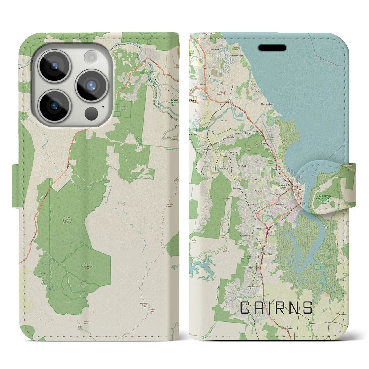 【ケアンズ(オーストラリア)】地図柄iPhoneケース(手帳タイプ)ナチュラル・iPhone 15 Pro 用