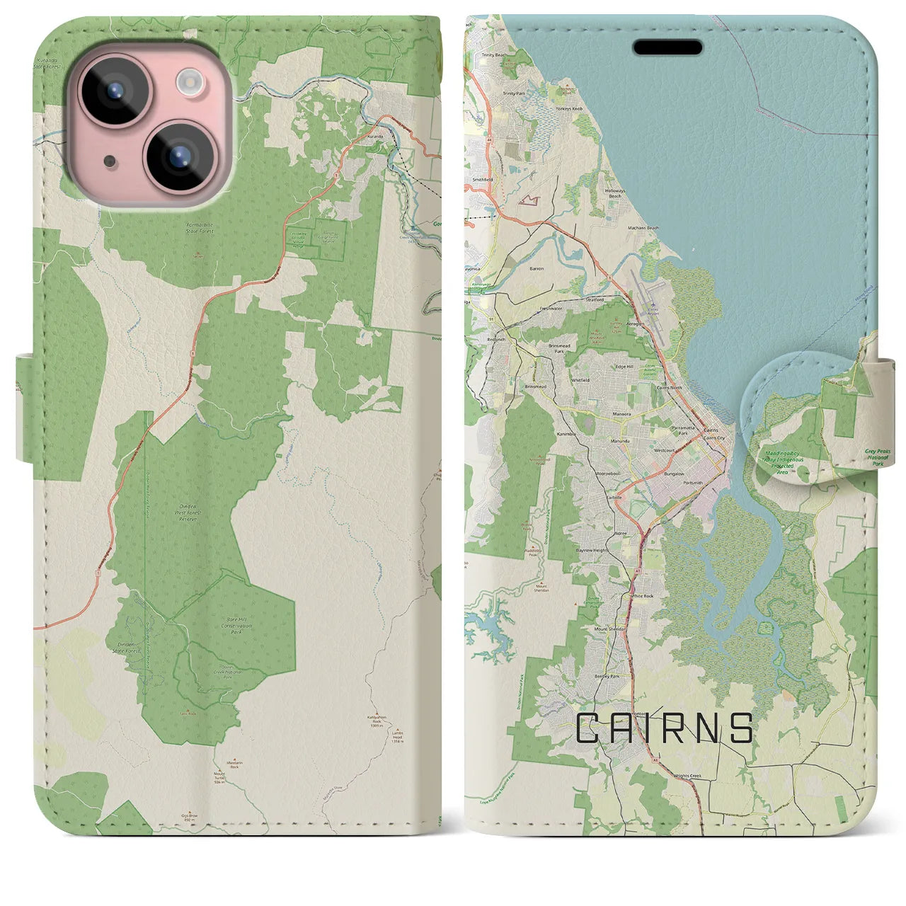 【ケアンズ(オーストラリア)】地図柄iPhoneケース(手帳タイプ)ナチュラル・iPhone 15 Plus 用