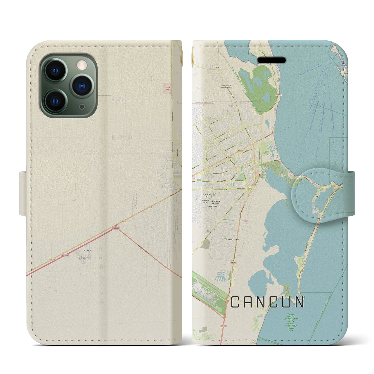 【カンクン(メキシコ)】地図柄iPhoneケース(手帳タイプ)ナチュラル・iPhone 11 Pro 用