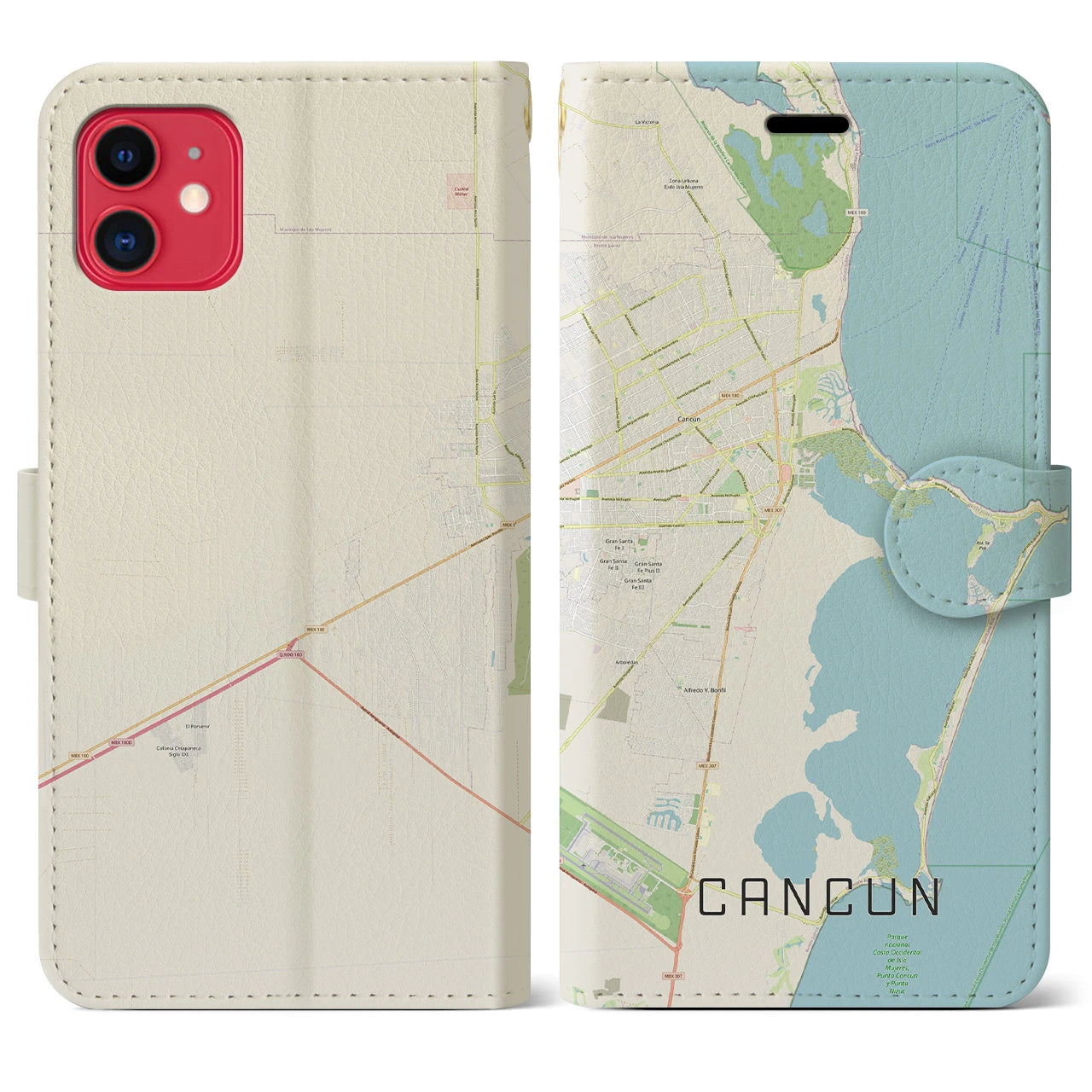【カンクン(メキシコ)】地図柄iPhoneケース(手帳タイプ)ナチュラル・iPhone 11 用