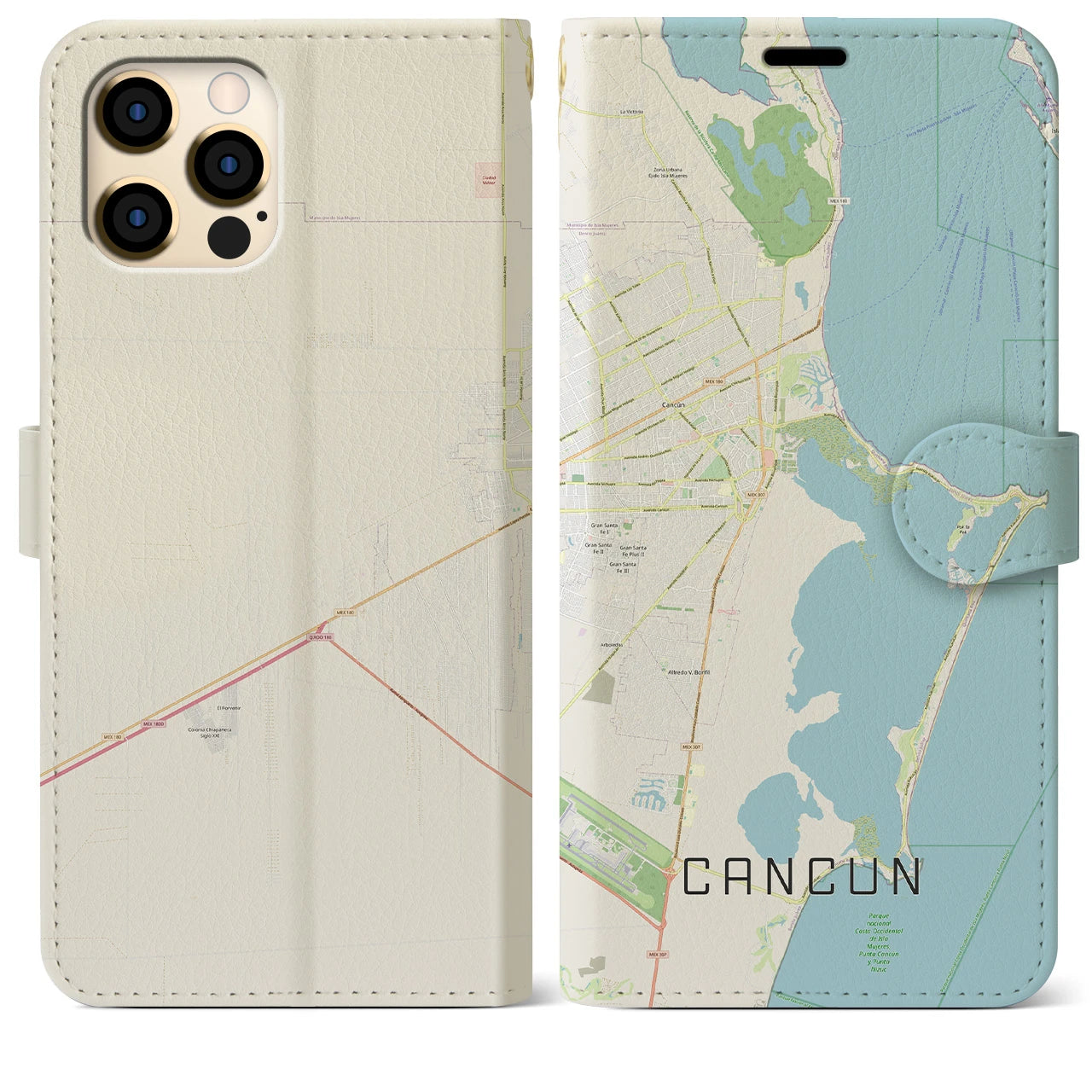 【カンクン(メキシコ)】地図柄iPhoneケース(手帳タイプ)ナチュラル・iPhone 12 Pro Max 用