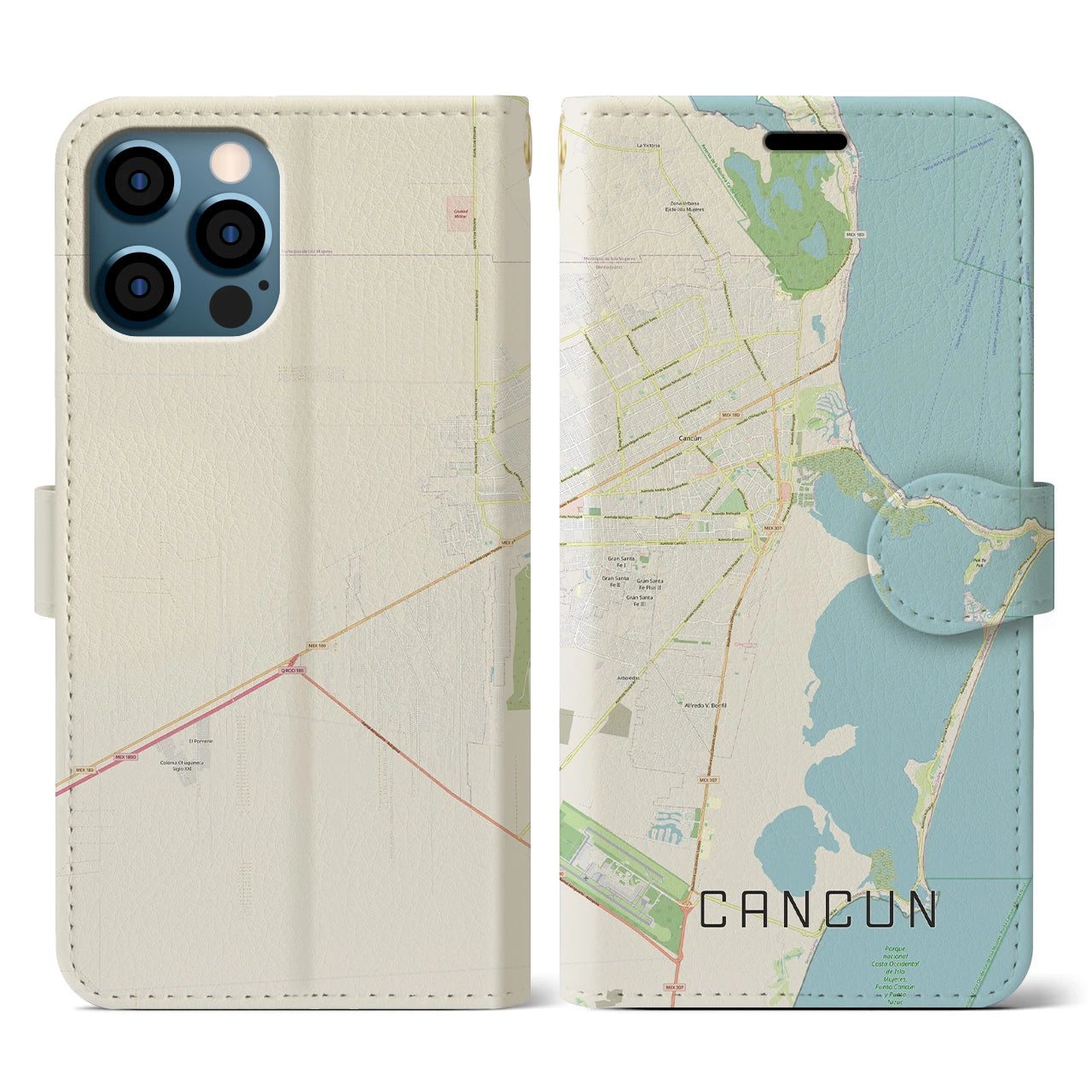 【カンクン(メキシコ)】地図柄iPhoneケース(手帳タイプ)ナチュラル・iPhone 12 / 12 Pro 用