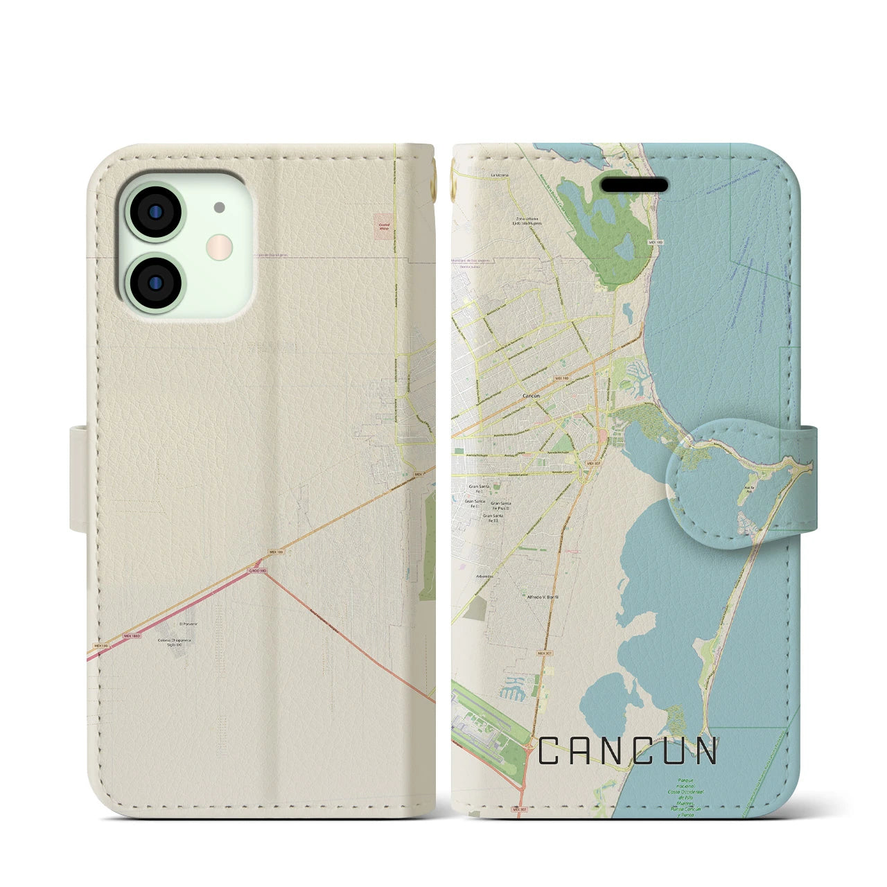 【カンクン(メキシコ)】地図柄iPhoneケース(手帳タイプ)ナチュラル・iPhone 12 mini 用