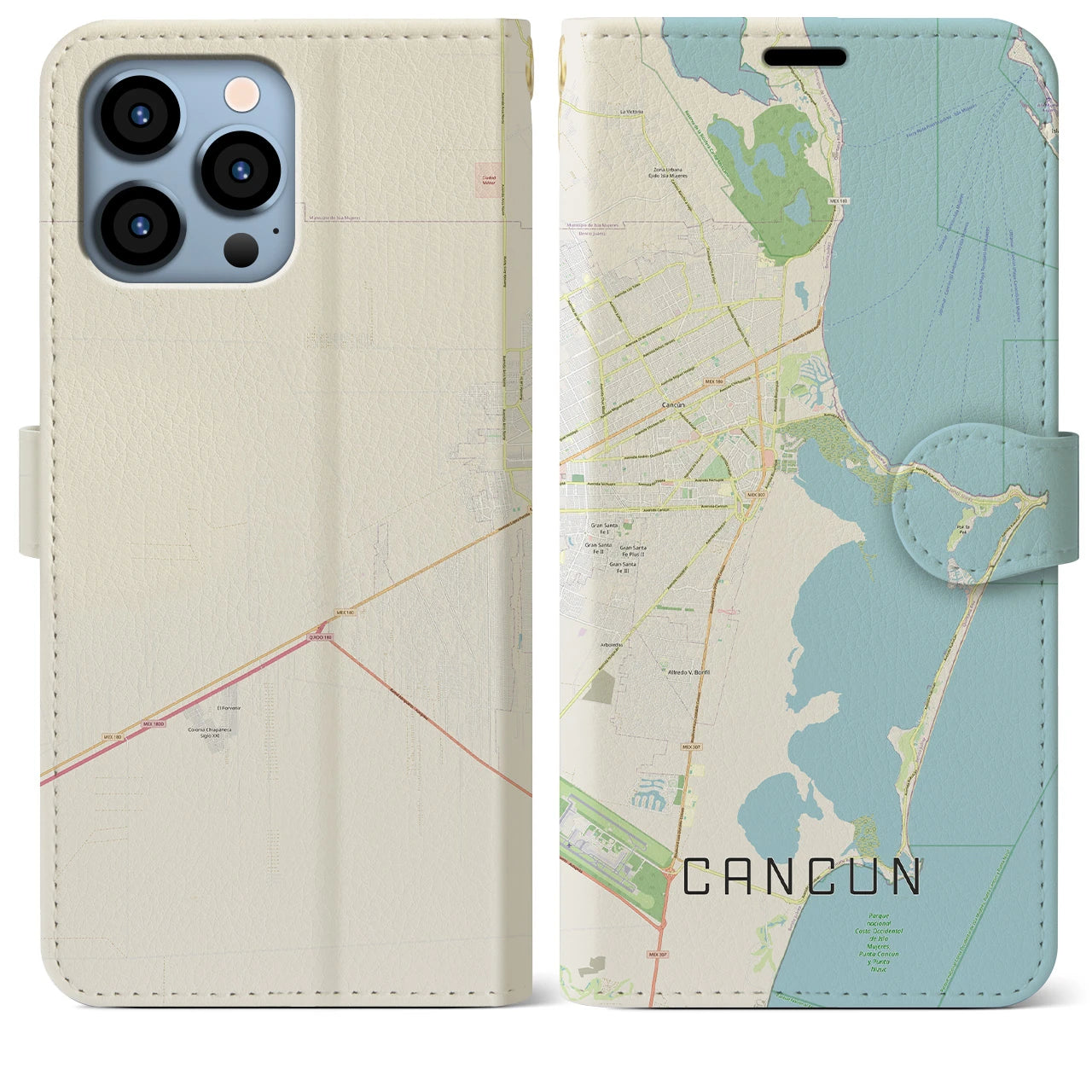 【カンクン(メキシコ)】地図柄iPhoneケース(手帳タイプ)ナチュラル・iPhone 13 Pro Max 用