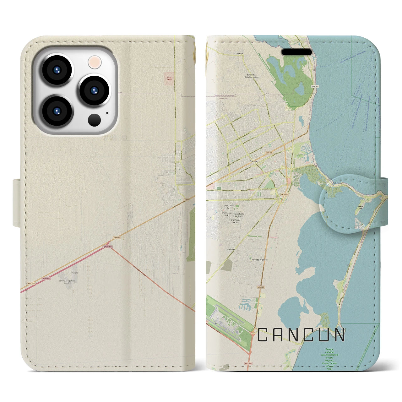【カンクン(メキシコ)】地図柄iPhoneケース(手帳タイプ)ナチュラル・iPhone 13 Pro 用