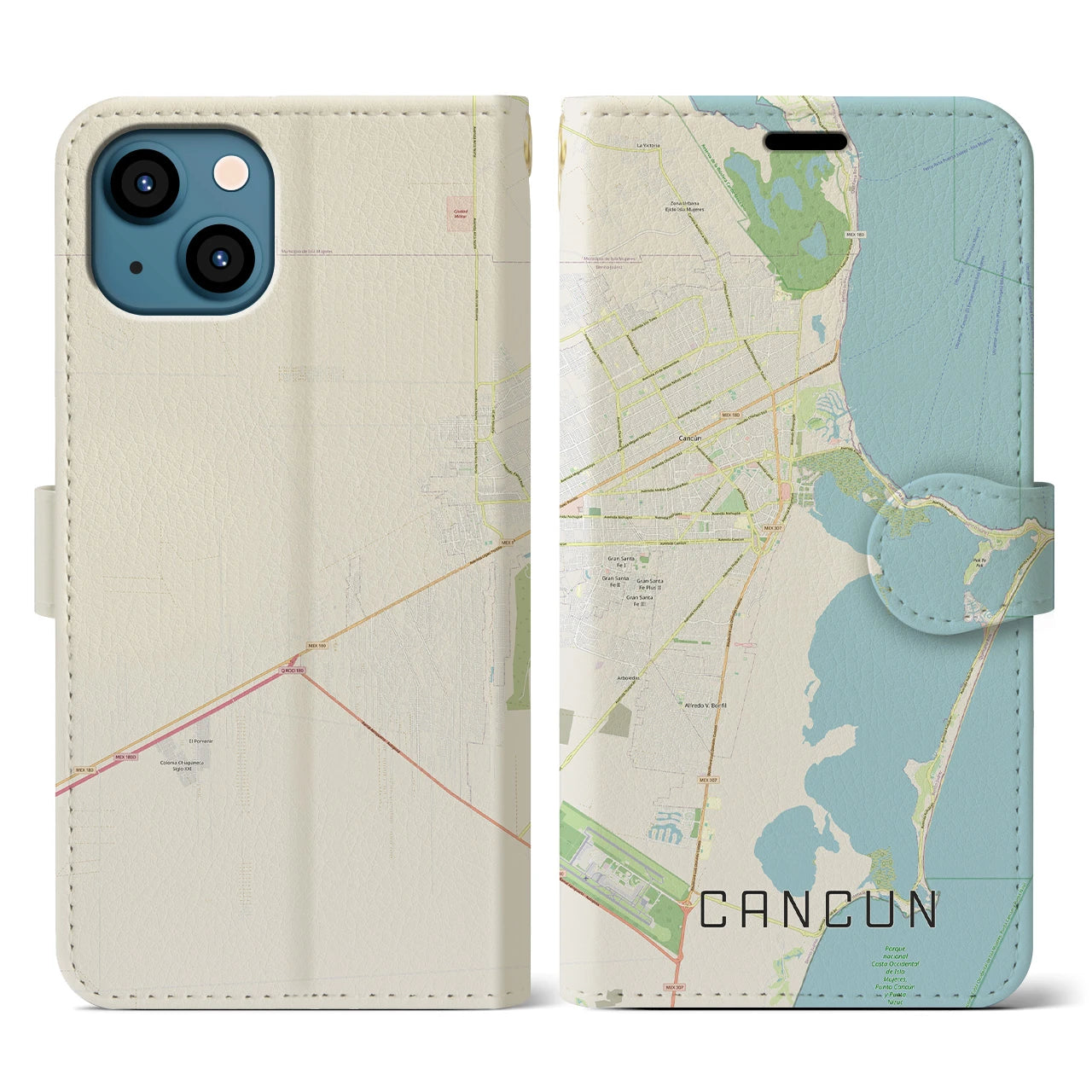 【カンクン(メキシコ)】地図柄iPhoneケース(手帳タイプ)ナチュラル・iPhone 13 用
