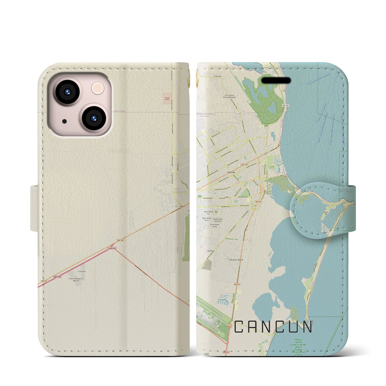 【カンクン(メキシコ)】地図柄iPhoneケース(手帳タイプ)ナチュラル・iPhone 13 mini 用