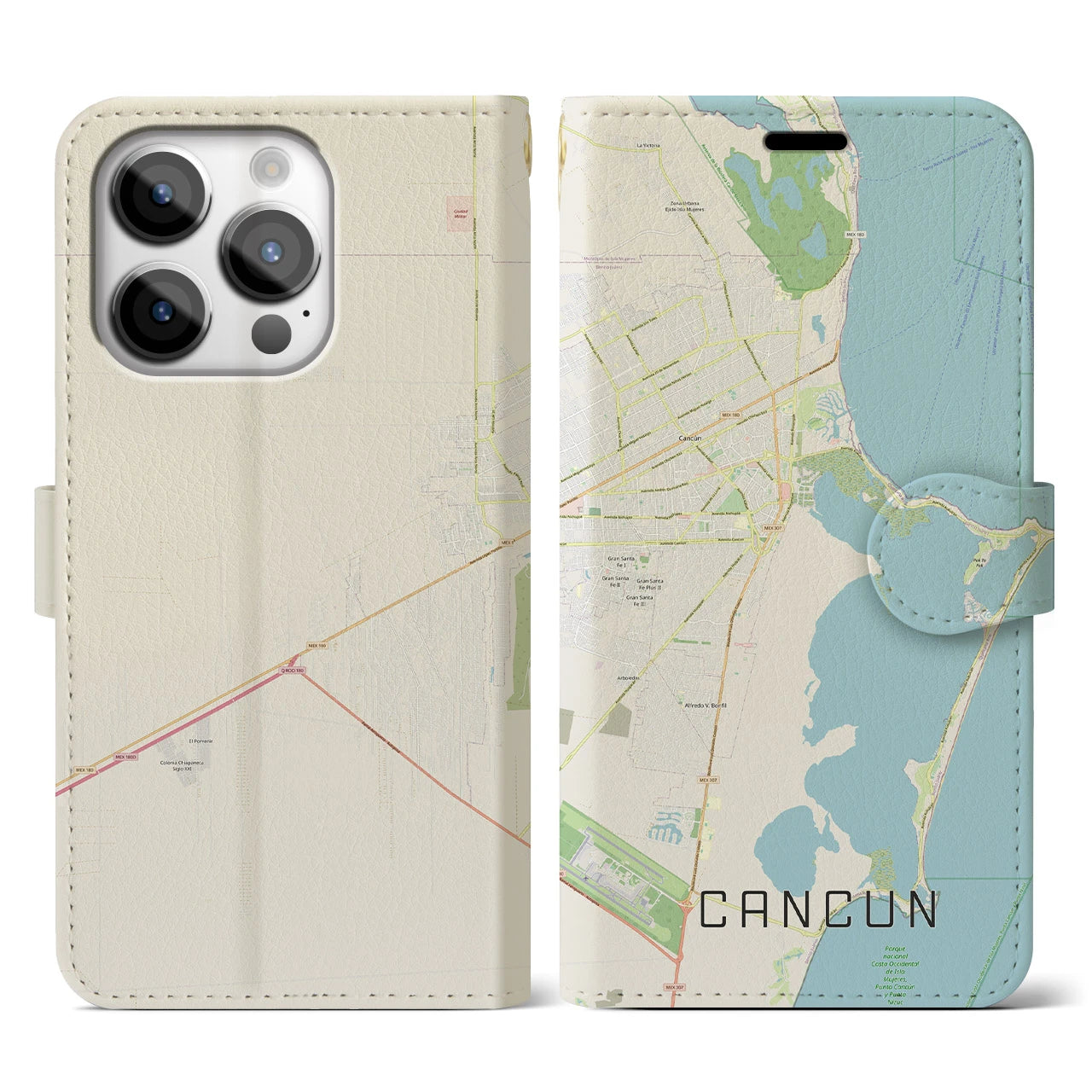 【カンクン(メキシコ)】地図柄iPhoneケース(手帳タイプ)ナチュラル・iPhone 14 Pro 用