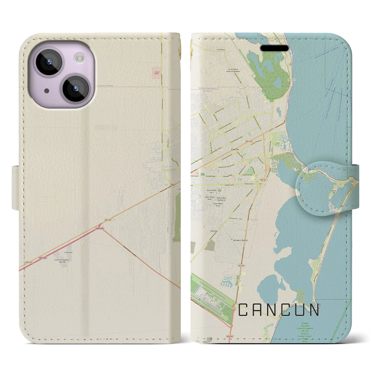 【カンクン(メキシコ)】地図柄iPhoneケース(手帳タイプ)ナチュラル・iPhone 14 用