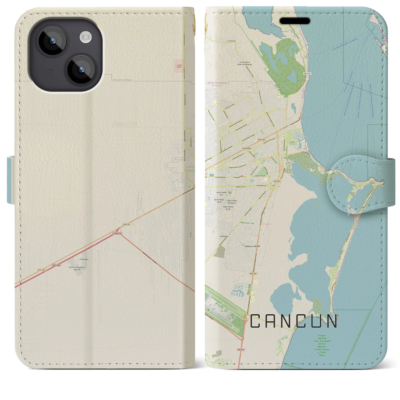 【カンクン(メキシコ)】地図柄iPhoneケース(手帳タイプ)ナチュラル・iPhone 14 Plus 用