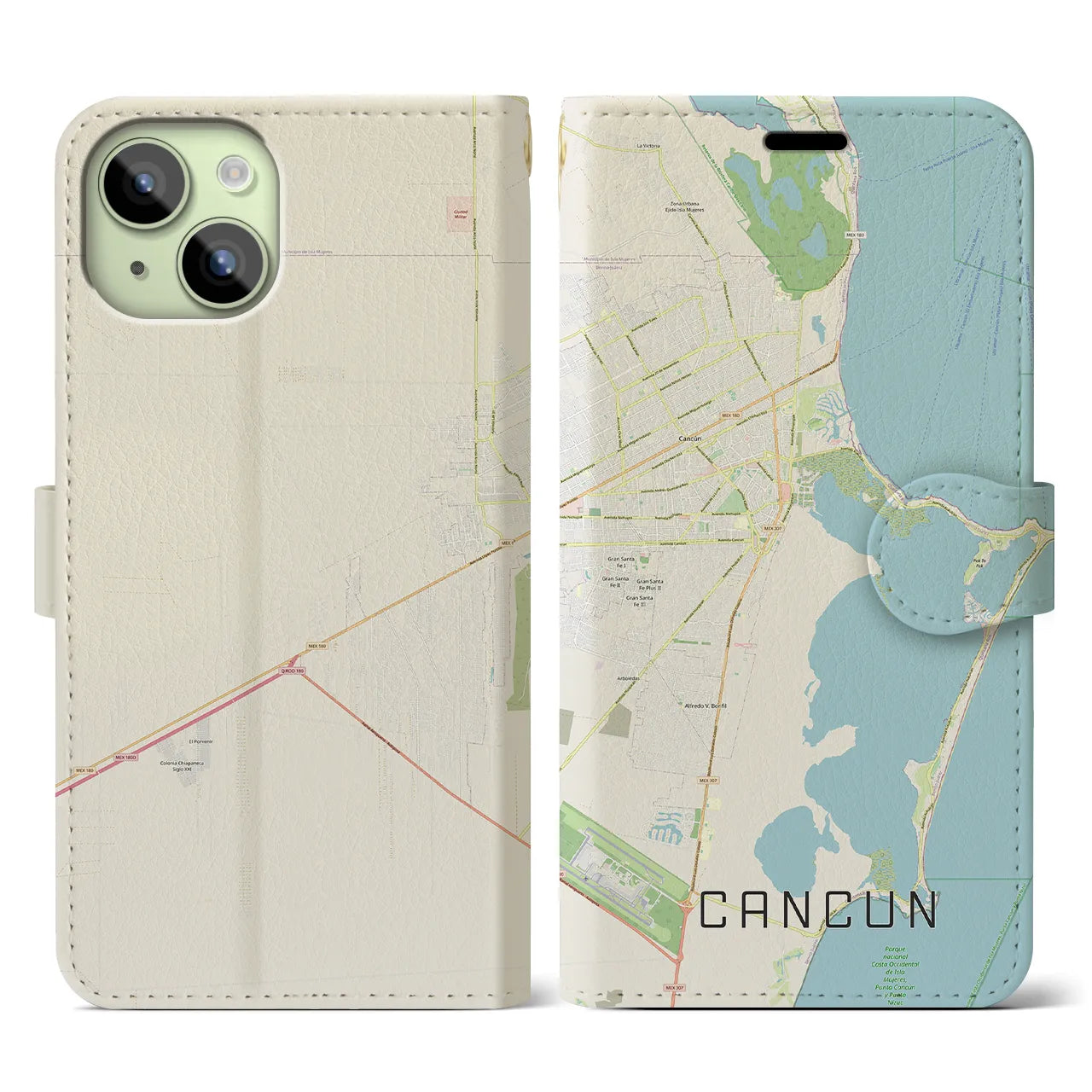 【カンクン(メキシコ)】地図柄iPhoneケース(手帳タイプ)ナチュラル・iPhone 15 用