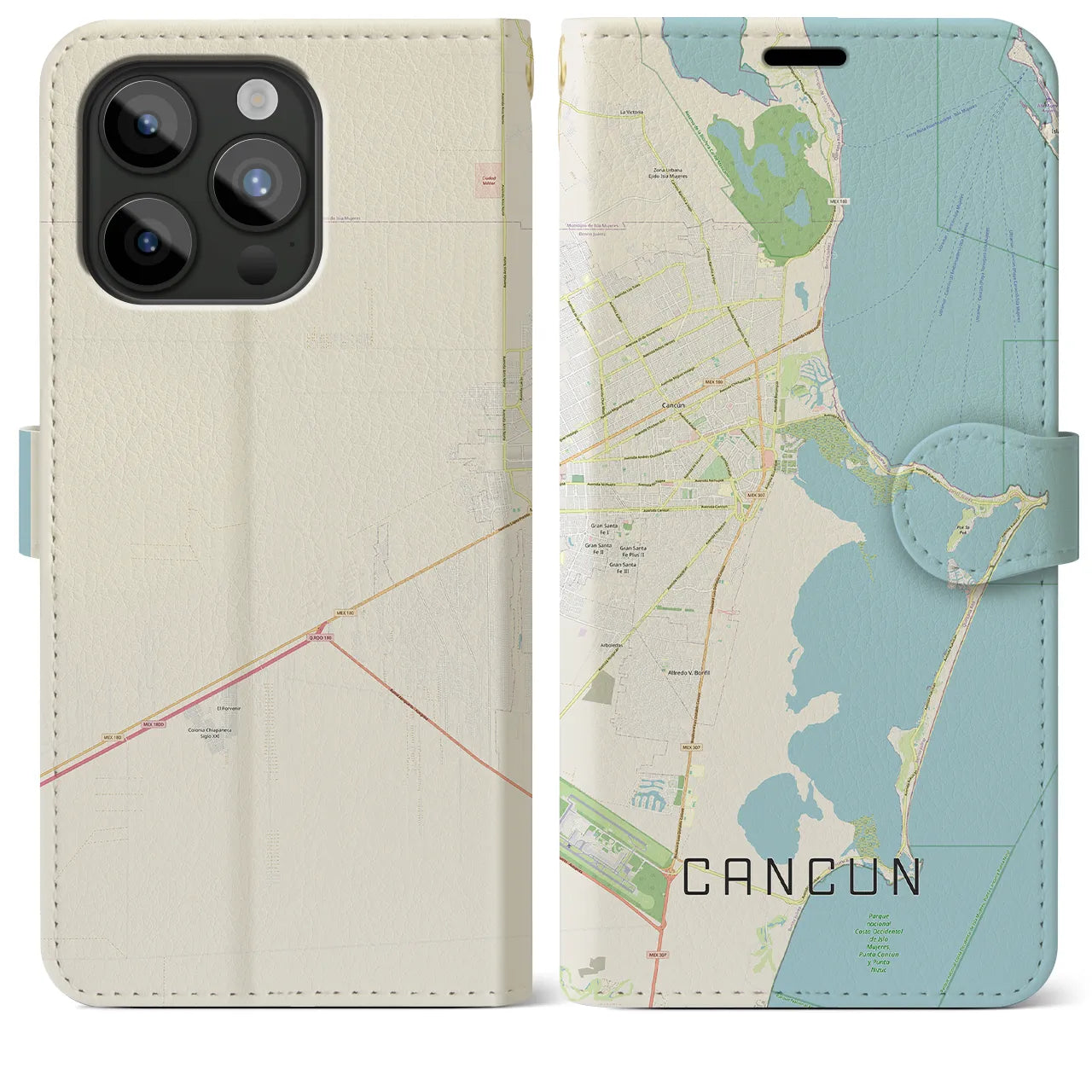 【カンクン(メキシコ)】地図柄iPhoneケース(手帳タイプ)ナチュラル・iPhone 15 Pro Max 用