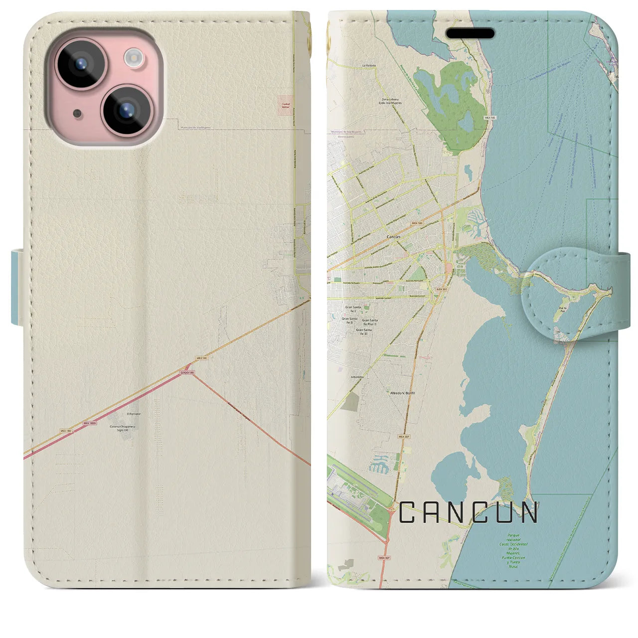 【カンクン(メキシコ)】地図柄iPhoneケース(手帳タイプ)ナチュラル・iPhone 15 Plus 用
