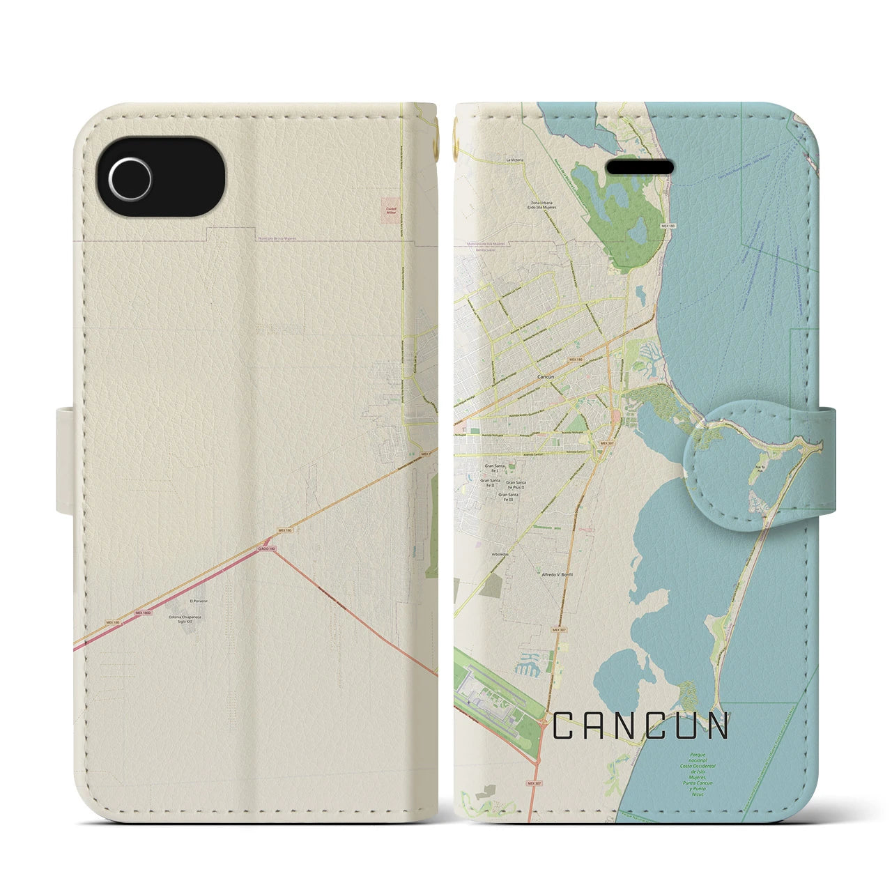 【カンクン(メキシコ)】地図柄iPhoneケース(手帳タイプ)ナチュラル・iPhone SE(第3 / 第2世代) / 8 / 7 / 6s / 6 用