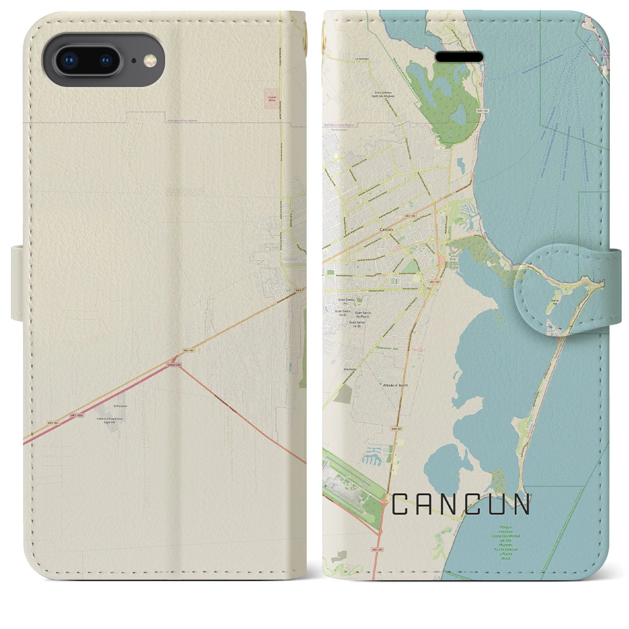 【カンクン(メキシコ)】地図柄iPhoneケース(手帳タイプ)ナチュラル・iPhone 8Plus /7Plus / 6sPlus / 6Plus 用