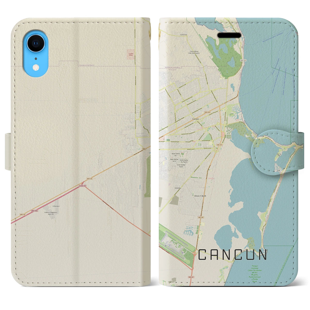 【カンクン(メキシコ)】地図柄iPhoneケース(手帳タイプ)ナチュラル・iPhone XR 用
