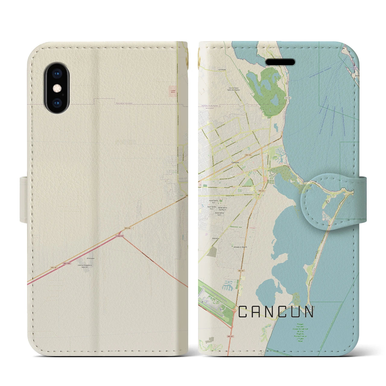 【カンクン(メキシコ)】地図柄iPhoneケース(手帳タイプ)ナチュラル・iPhone XS / X 用