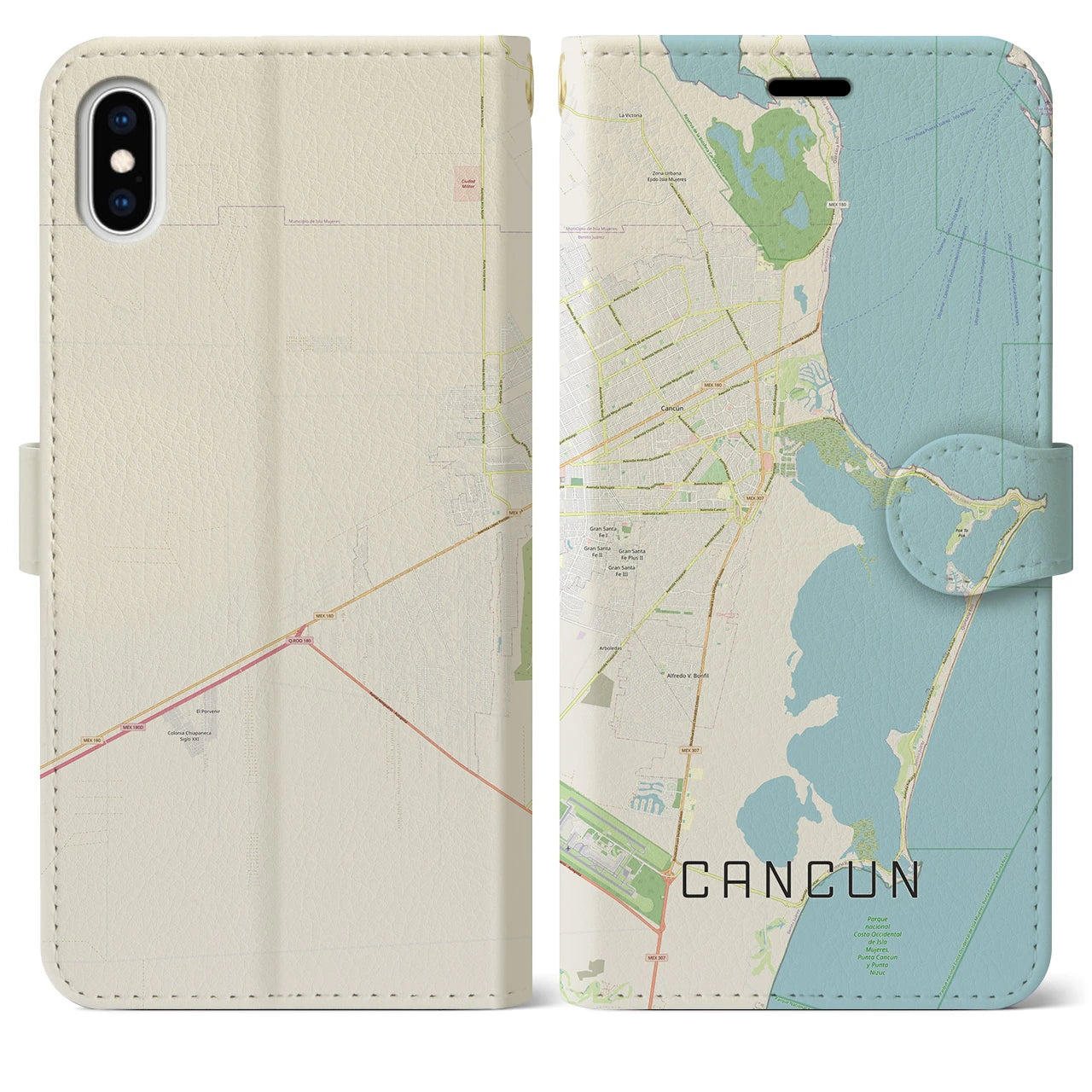 【カンクン(メキシコ)】地図柄iPhoneケース(手帳タイプ)ナチュラル・iPhone XS Max 用