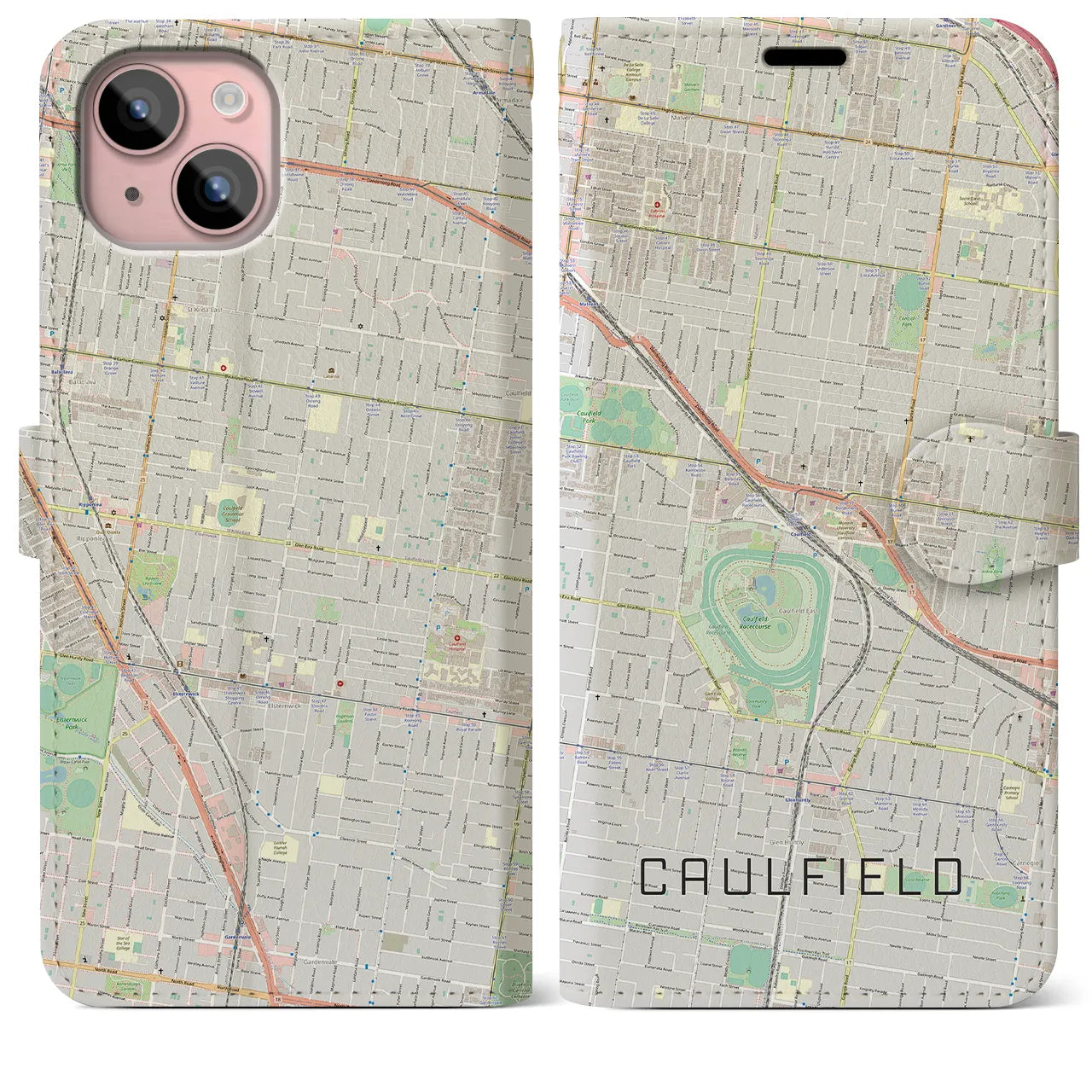 【コーフィールド(オーストラリア)】地図柄iPhoneケース(手帳タイプ)ナチュラル・iPhone 15 Plus 用