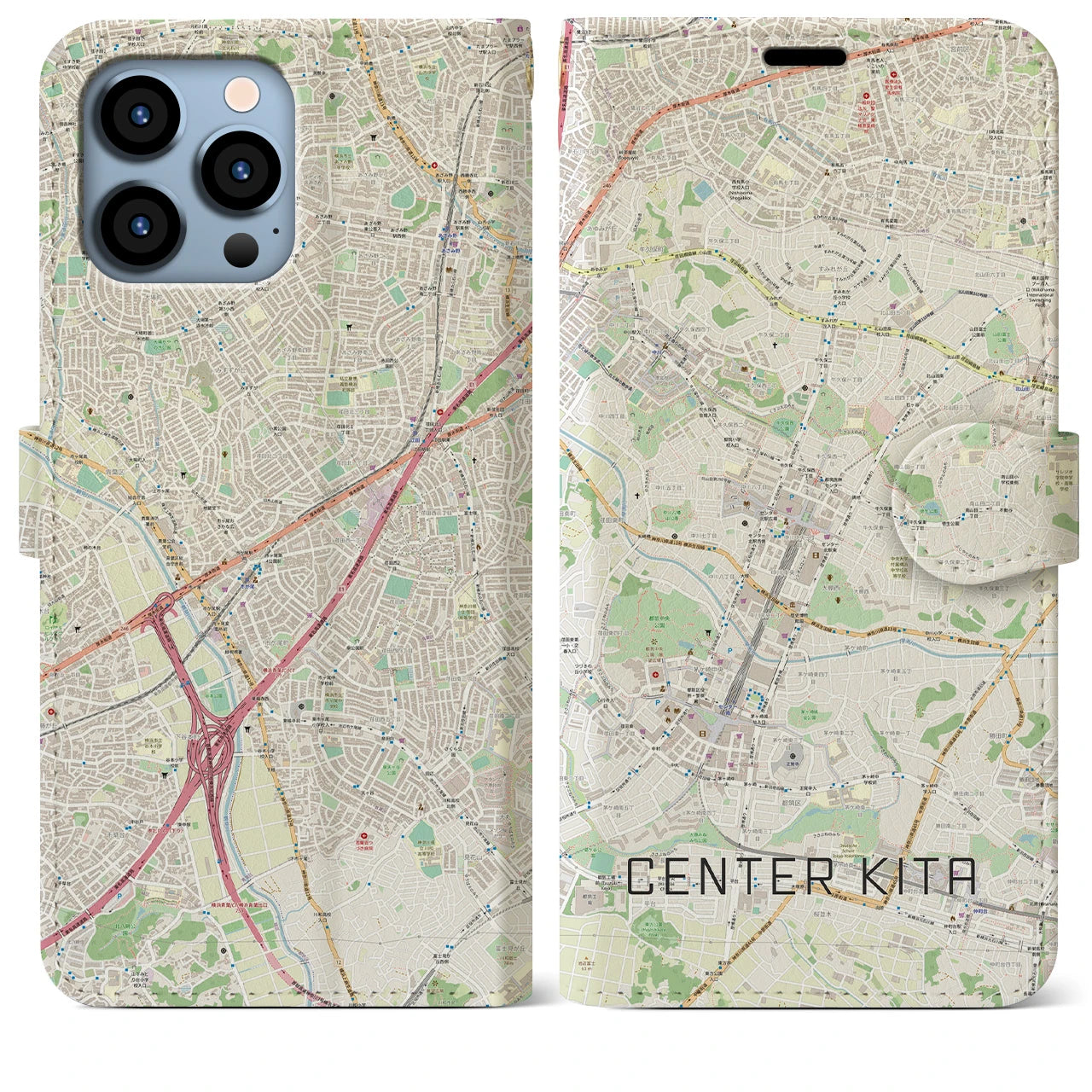 【センター北(神奈川県)】地図柄iPhoneケース(手帳タイプ)ナチュラル・iPhone 13 Pro Max 用