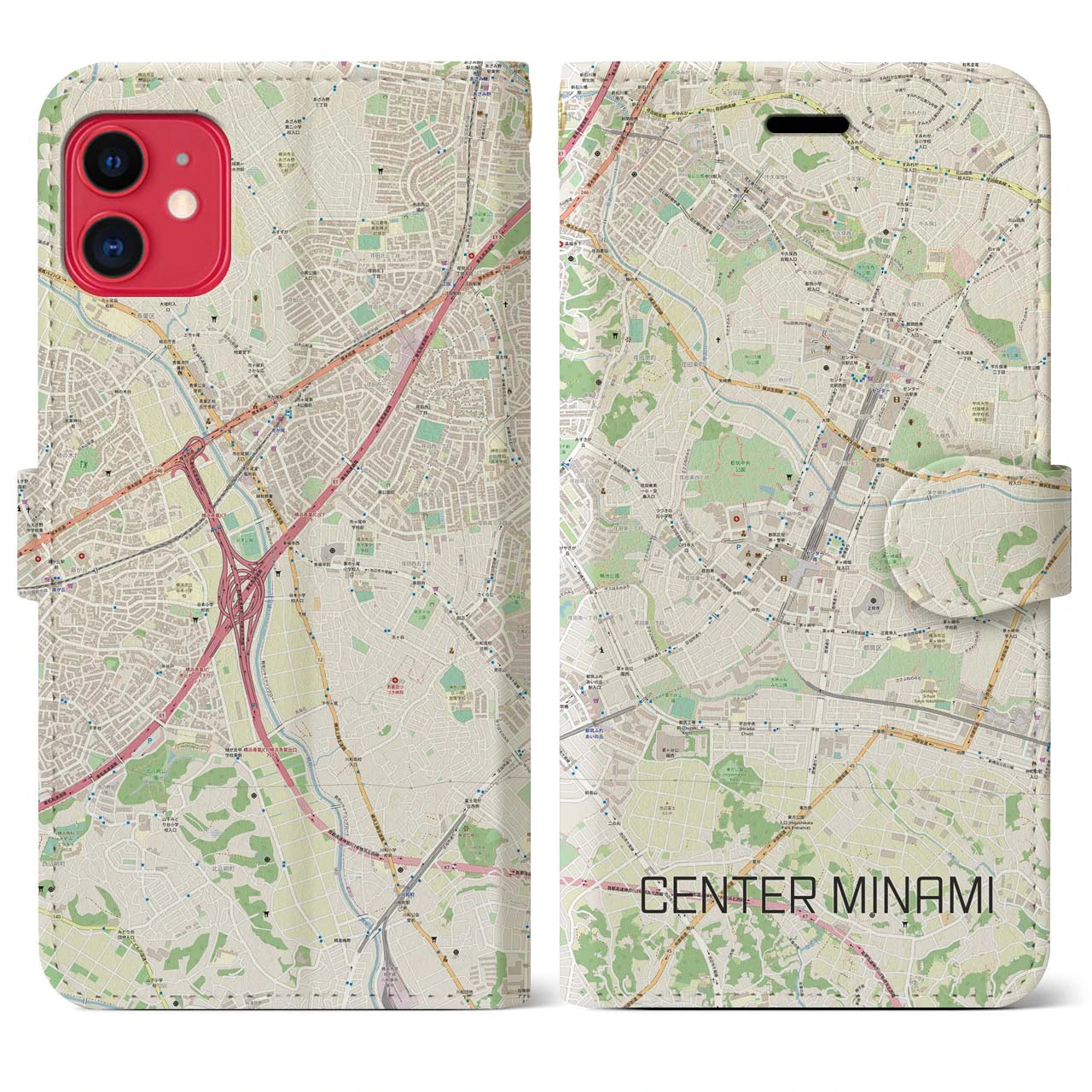 【センター南(神奈川県)】地図柄iPhoneケース(手帳タイプ)ナチュラル・iPhone 11 用