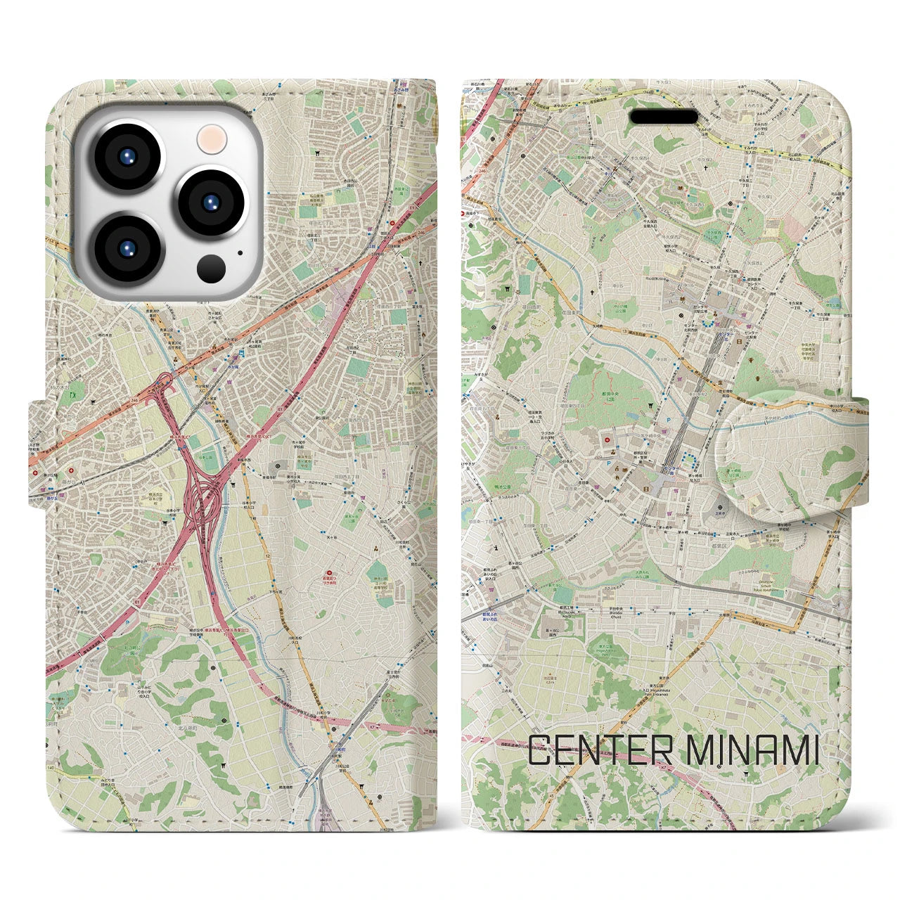 【センター南(神奈川県)】地図柄iPhoneケース(手帳タイプ)ナチュラル・iPhone 13 Pro 用