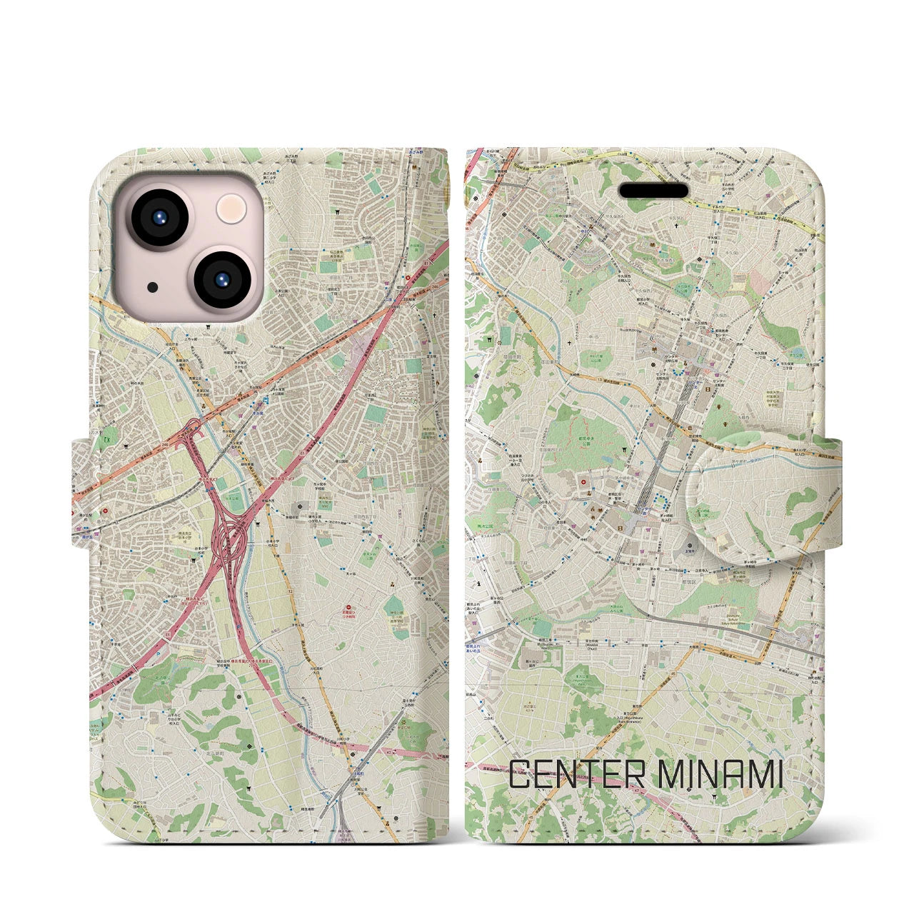 【センター南(神奈川県)】地図柄iPhoneケース(手帳タイプ)ナチュラル・iPhone 13 mini 用