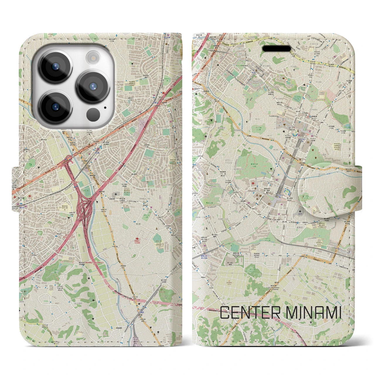 【センター南(神奈川県)】地図柄iPhoneケース(手帳タイプ)ナチュラル・iPhone 14 Pro 用