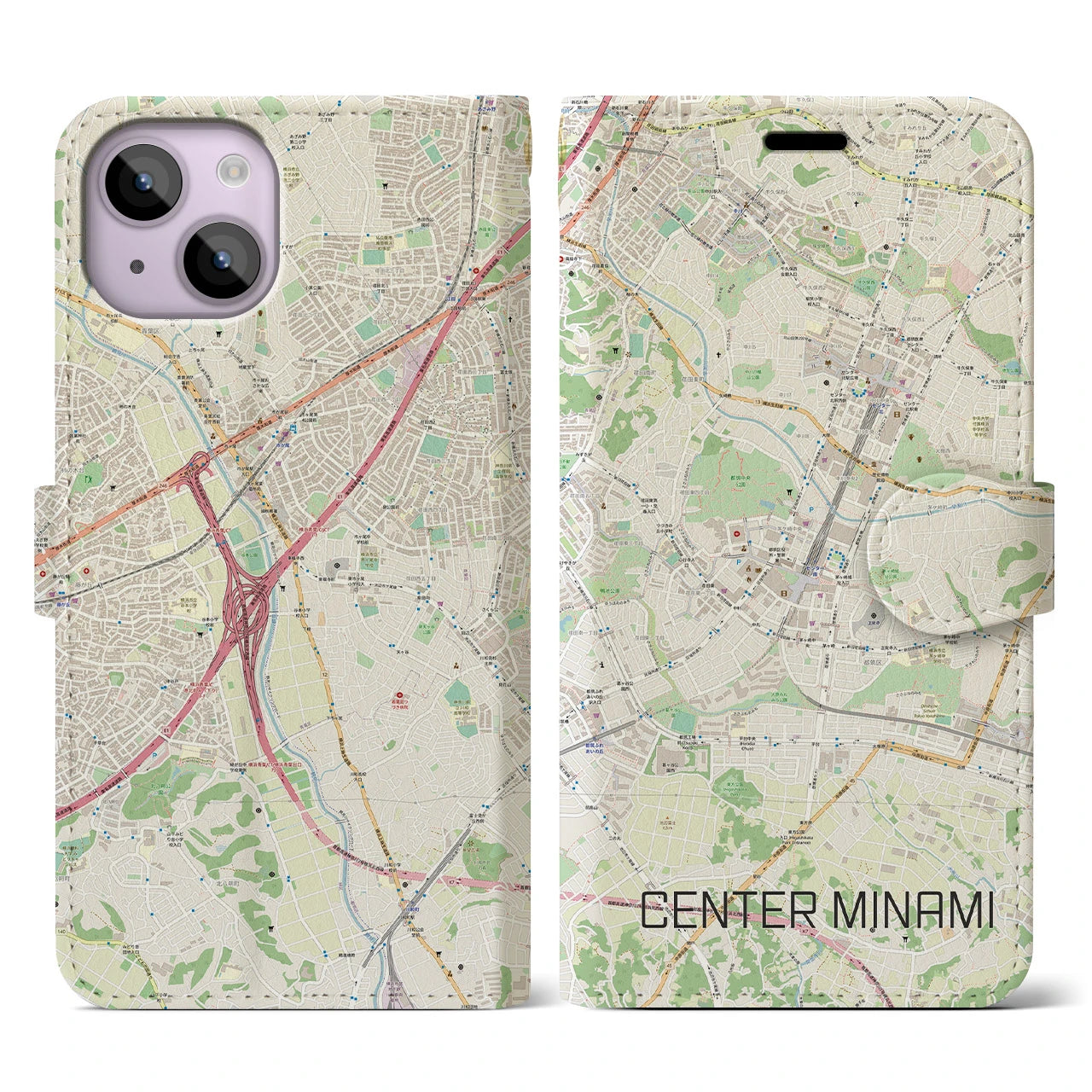 【センター南(神奈川県)】地図柄iPhoneケース(手帳タイプ)ナチュラル・iPhone 14 用