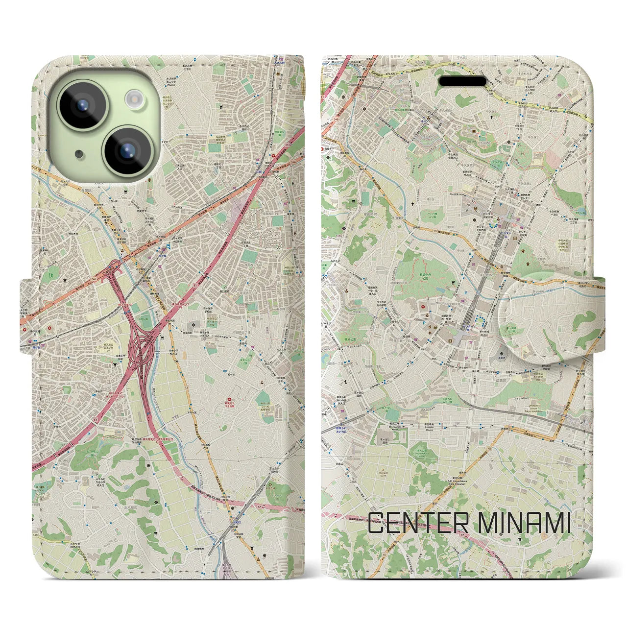 【センター南(神奈川県)】地図柄iPhoneケース(手帳タイプ)ナチュラル・iPhone 15 用