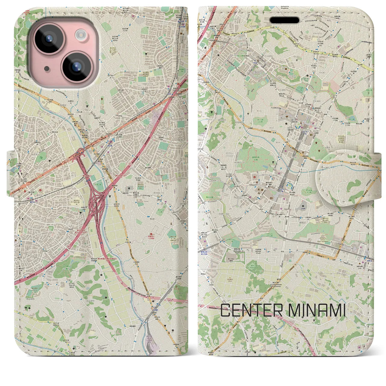 【センター南(神奈川県)】地図柄iPhoneケース(手帳タイプ)ナチュラル・iPhone 15 Plus 用