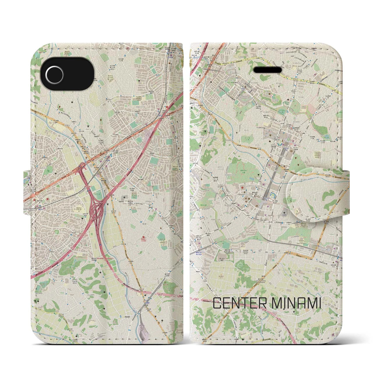 【センター南(神奈川県)】地図柄iPhoneケース(手帳タイプ)ナチュラル・iPhone SE(第3 / 第2世代) / 8 / 7 / 6s / 6 用