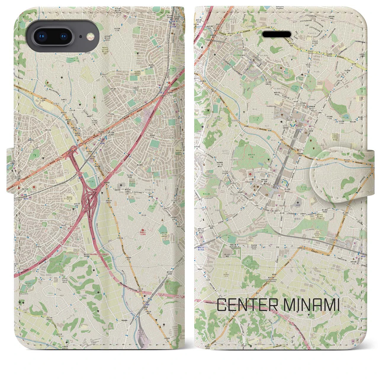 【センター南(神奈川県)】地図柄iPhoneケース(手帳タイプ)ナチュラル・iPhone 8Plus /7Plus / 6sPlus / 6Plus 用