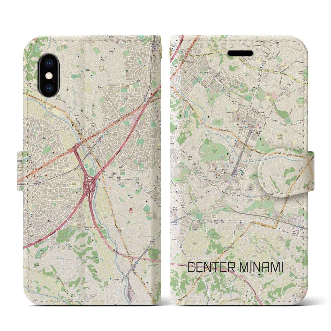 【センター南(神奈川県)】地図柄iPhoneケース(手帳タイプ)ナチュラル・iPhone XS / X 用