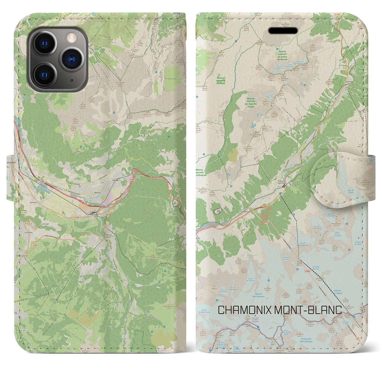【シャモニー(フランス)】地図柄iPhoneケース(手帳タイプ)ナチュラル・iPhone 11 Pro Max 用