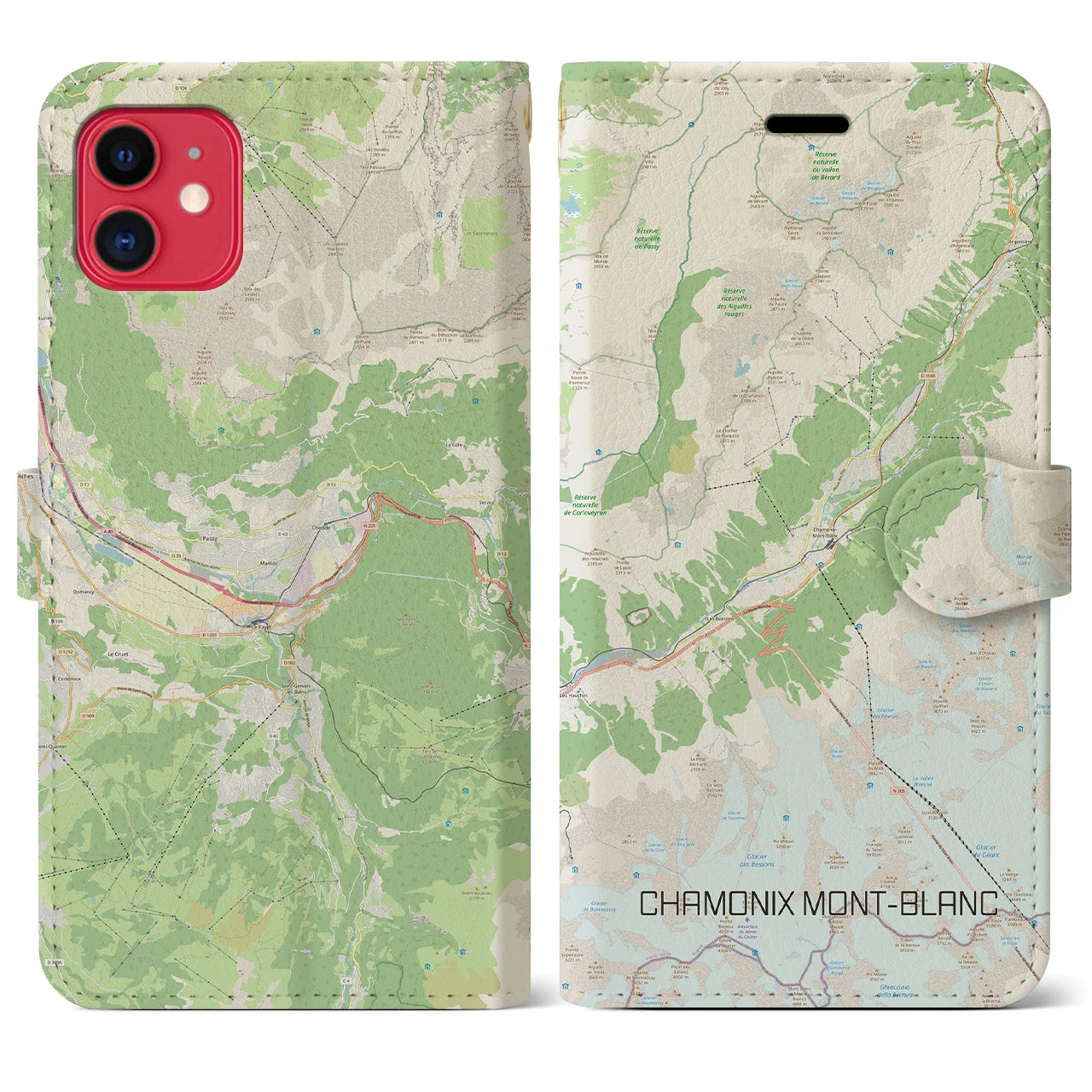 【シャモニー(フランス)】地図柄iPhoneケース(手帳タイプ)ナチュラル・iPhone 11 用