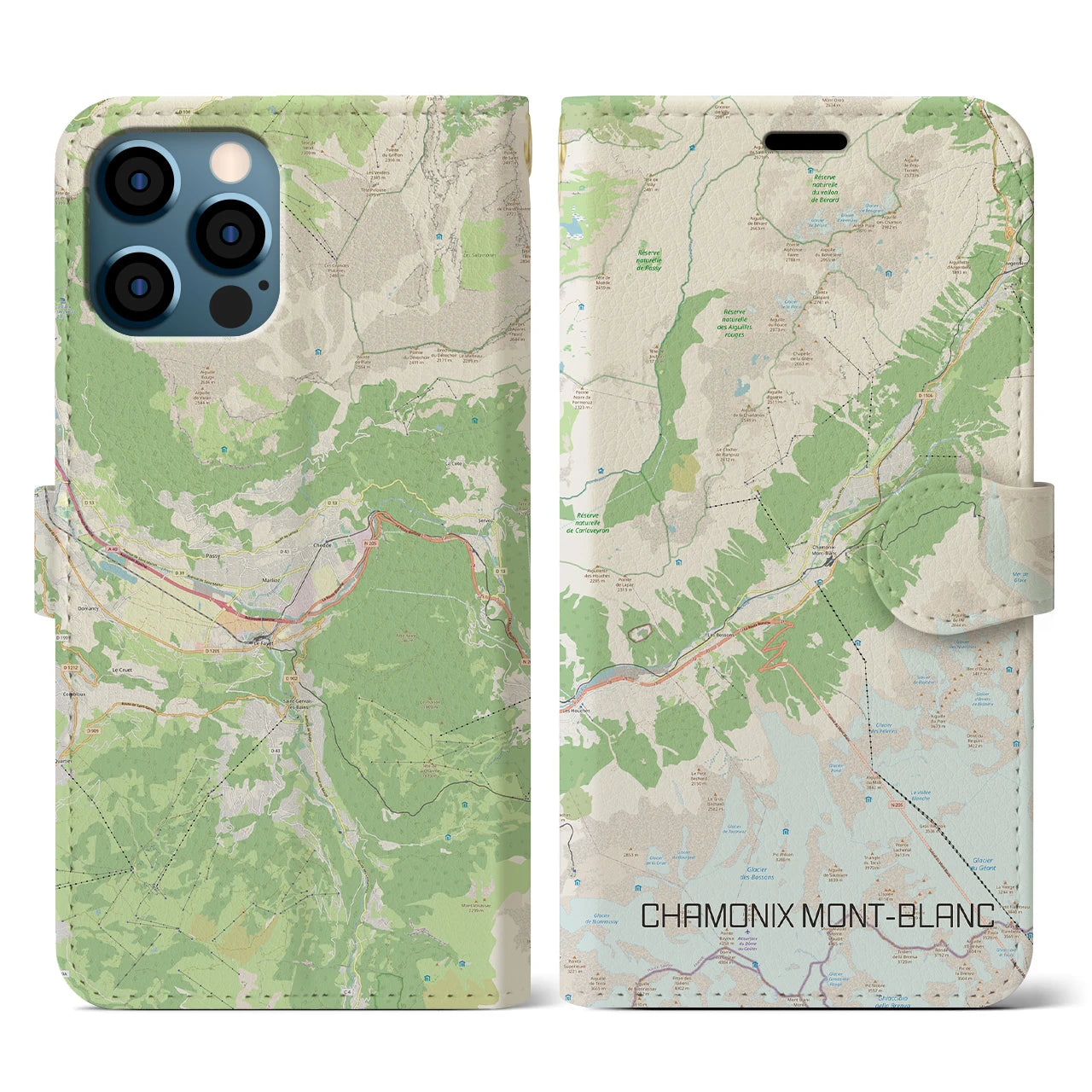 【シャモニー(フランス)】地図柄iPhoneケース(手帳タイプ)ナチュラル・iPhone 12 / 12 Pro 用