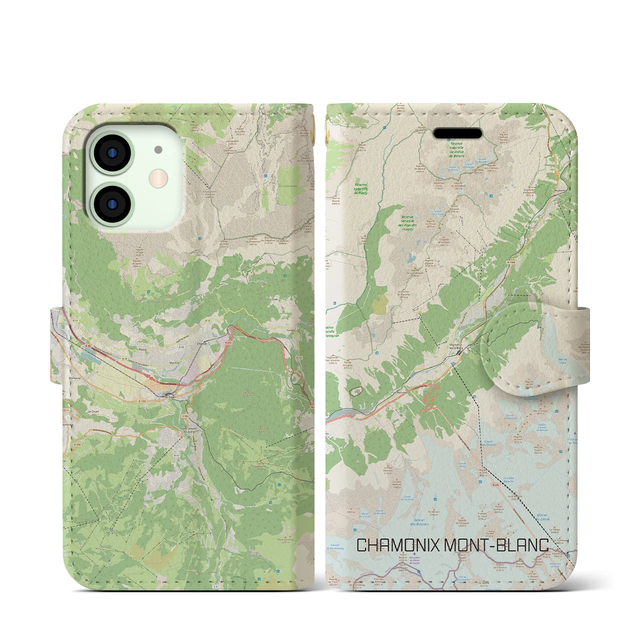 【シャモニー(フランス)】地図柄iPhoneケース(手帳タイプ)ナチュラル・iPhone 12 mini 用