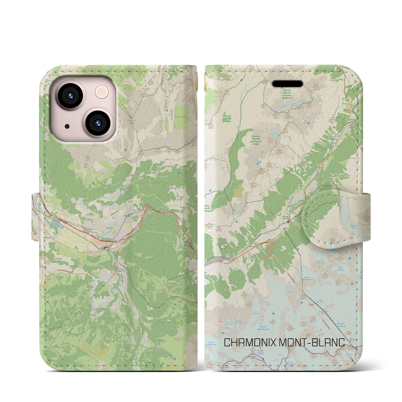 【シャモニー(フランス)】地図柄iPhoneケース(手帳タイプ)ナチュラル・iPhone 13 mini 用