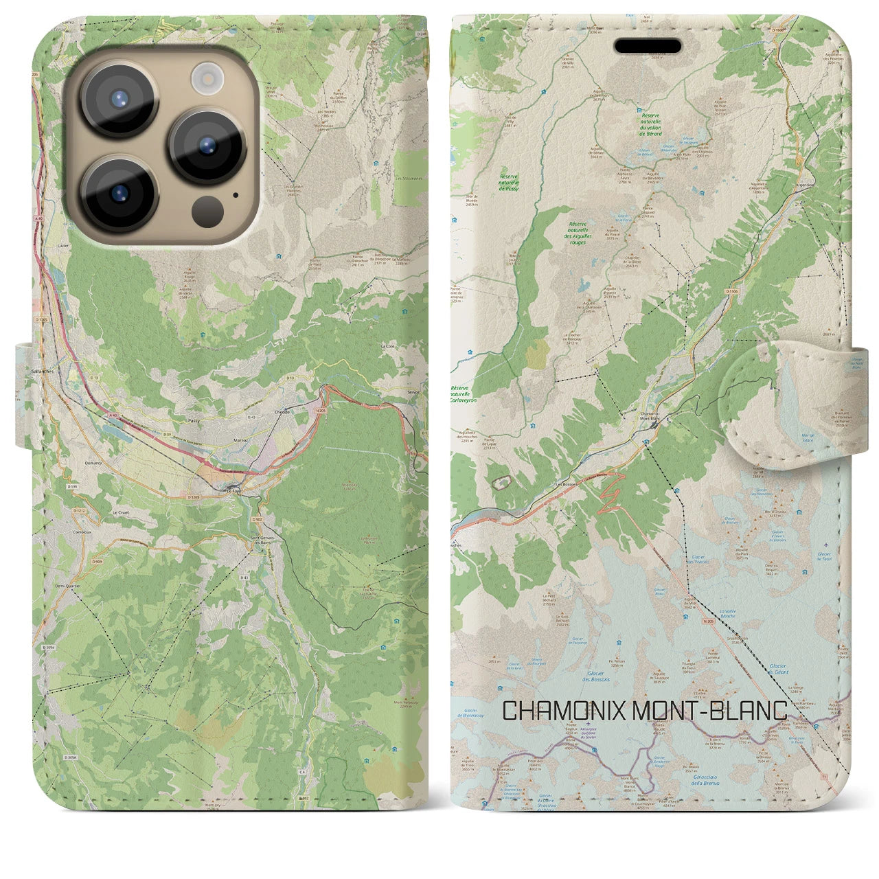 【シャモニー(フランス)】地図柄iPhoneケース(手帳タイプ)ナチュラル・iPhone 14 Pro Max 用