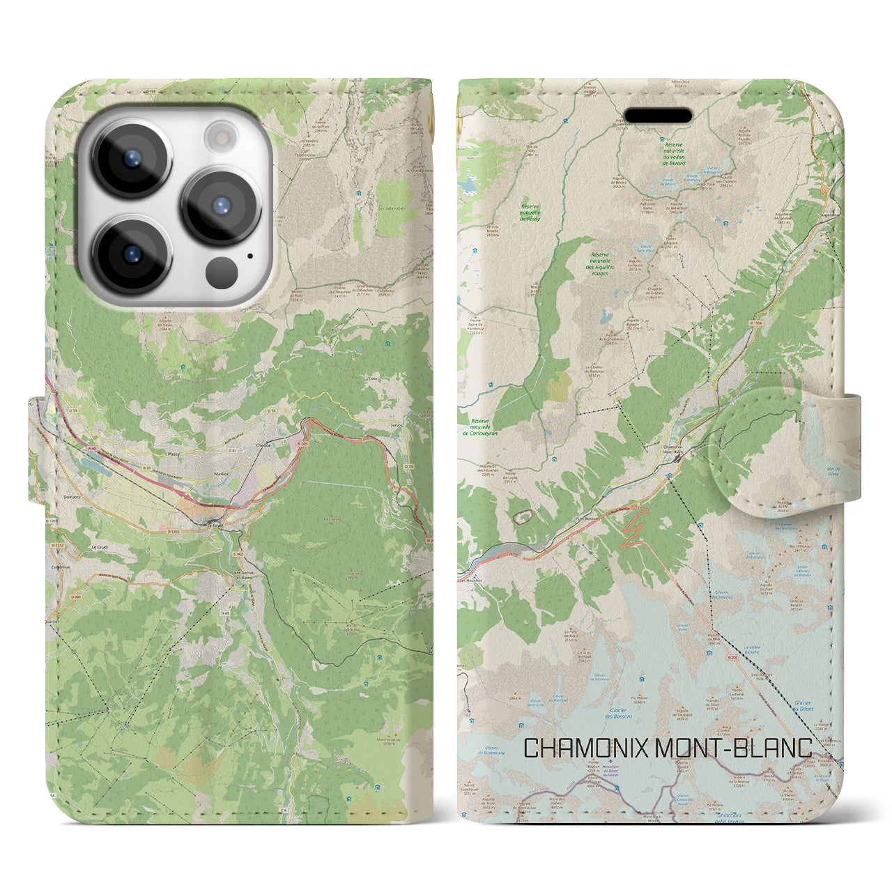 【シャモニー(フランス)】地図柄iPhoneケース(手帳タイプ)ナチュラル・iPhone 14 Pro 用